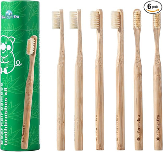 Boar Bristles & Bamboo Toothbrush, Premium Boar Bristle Toothbrush for Adult, Plastic & Nylon Free, Eco-Friendly Natural Biodegradable Compostable Bamboo Tooth Brushes 6 Pack