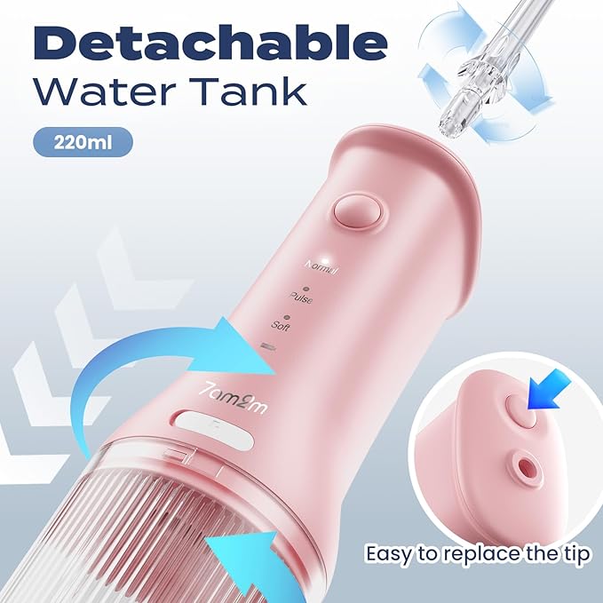 7AM2M Portable Cordless Water Flosser, Oral Irrigator with 3 Modes & 2 Tips, Fast Rechargeable, IPX7 Waterproof, Dental Water Flosser for Travel and Home Use (Pink)