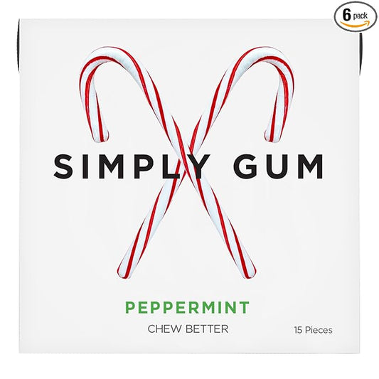 SIMPLY Gum Peppermint, Plastic-Free Natural Chewing Gum, Candy Cane Box 6 Pack (90 Pieces) | Vegan, Kosher, Non GMO, Aspartame Free and Sorbitol Free