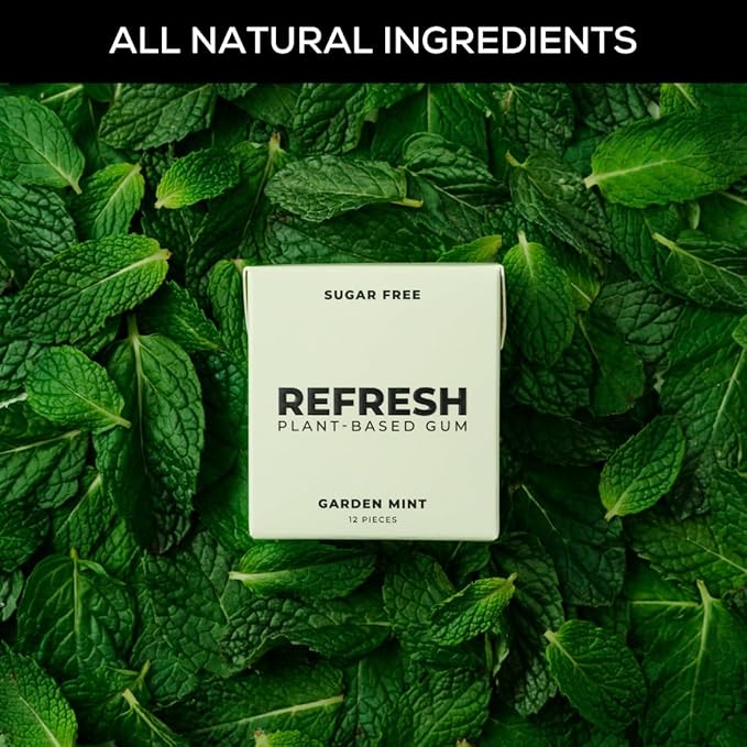 Refresh Gum, Xylitol, Natural, Sugar Free, Plastic Free, Natural Flavors & Organic Ingredients, Plant-Based, Low Calorie, Non GMO, Gluten Free, Vegan, Garden Mint Flavor, 12 Pcs, 12 Pack