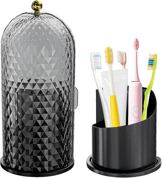 Multifunctional Rotating Toothbrush Holders with Sliding Lid, The 3-Slot Bathroom Countertop Vanity Organizer Perfect for Tooth Brush, Toothpaste, and Makeup Brushes Holder Storage (Black)