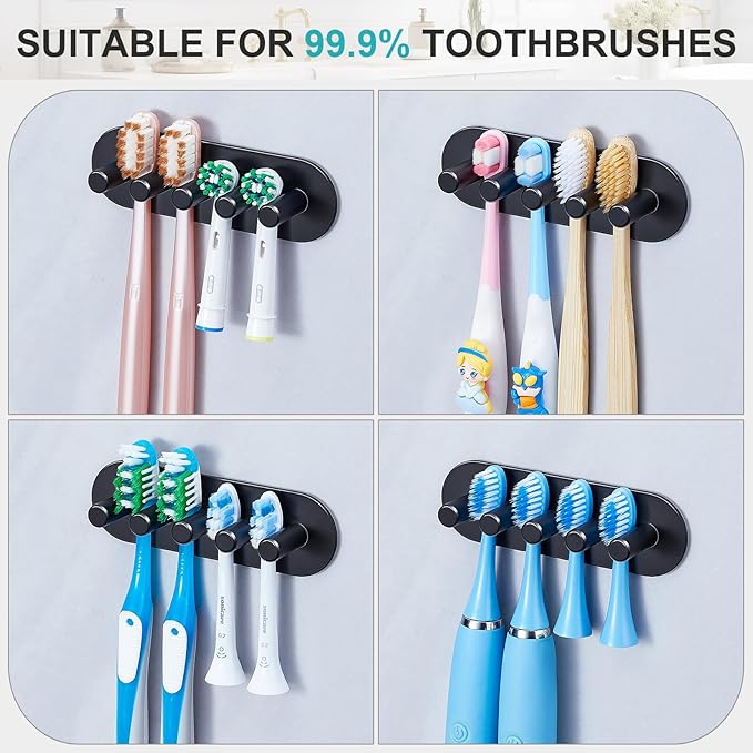 Electric Toothbrush Head Holder, Toothbrush Holders Wall Mounted, Adhesive Tooth Brush Head Holder Organiser, Electric Toothbrushs Holder, Shower Tooth Brushing Holder (Black, Large)