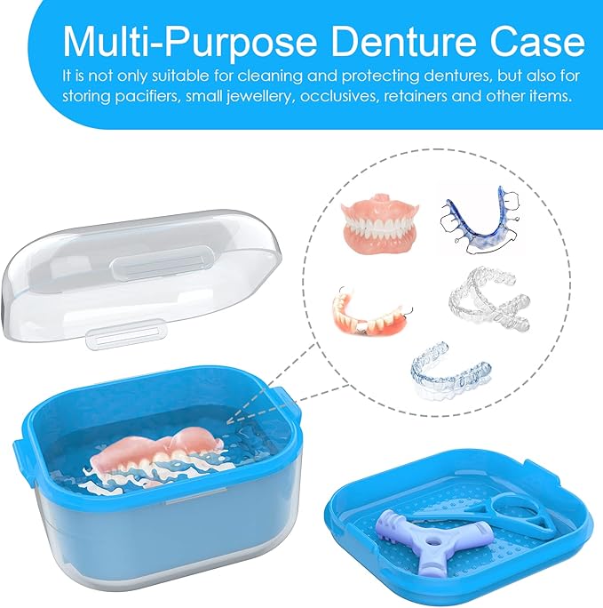 ARGOMAX Denture Case, Denture Cup for Soaking Dentures(Not Leak-Proof), Thorough Cleaning of Dentures, Retainer, Mouthguards, Clear Braces (Light Blue).