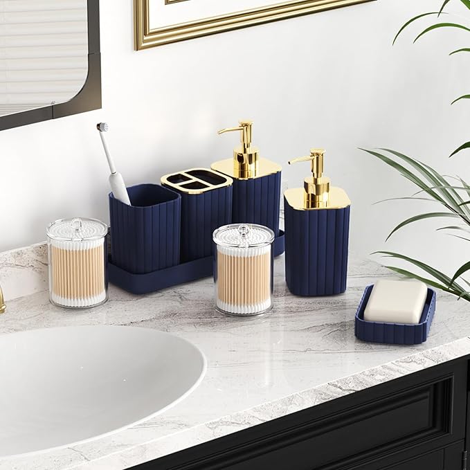 Bathroom Accessories Set - Gorgeous Bathroom Set, 10PC Navy Blue Bathroom Accessory Set, Toilet Brush, Trash Can, Qtip Holder Dispenser & Soap Dispenser