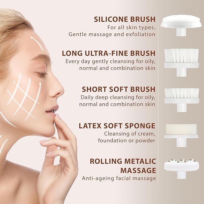 Face Scrubber | Facial Cleansing Brush Exfoliator Skin Care Products Beauty Products Powered Electric Wash Exfoliating Spin Cleanser Cleaning Scrub Including 7 Heads (Rubellite)