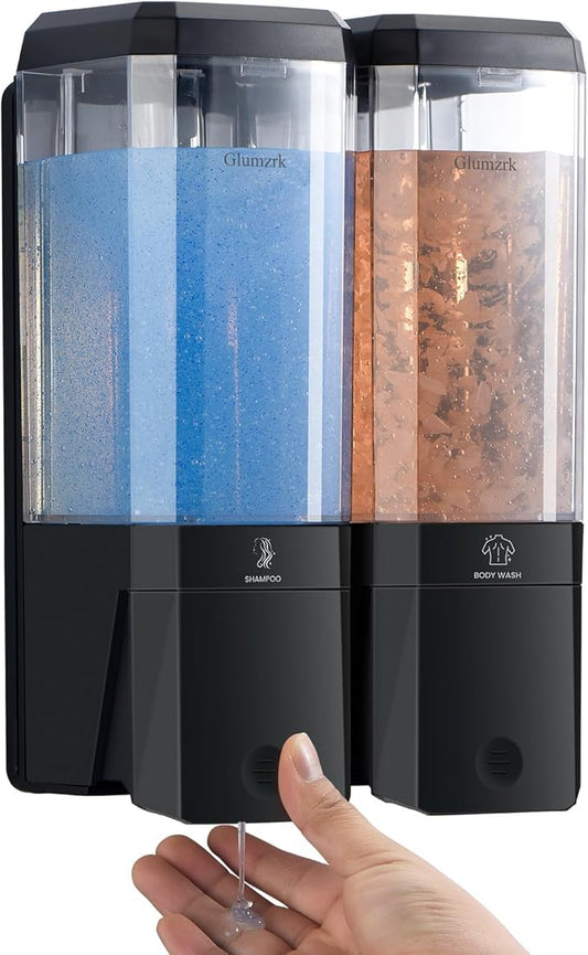 Shampoo and Conditioner Dispenser 2 Chamber No Drill Shampoo Dispenser for Shower Wall Mounted Shower Soap Dispenser 2 * 500ml Refillable Shower Dispenser for Bathroom Hotel(Black 2 Chamber)