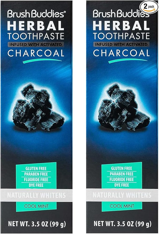 Brush Buddies Charcoal Toothpaste (2 Pack), 3.5 oz | Activated Charcoal Whitening Toothpaste | Fluoride-Free, Cool Mint | Herbal for Sensitive Teeth, Bad Breath & Stains