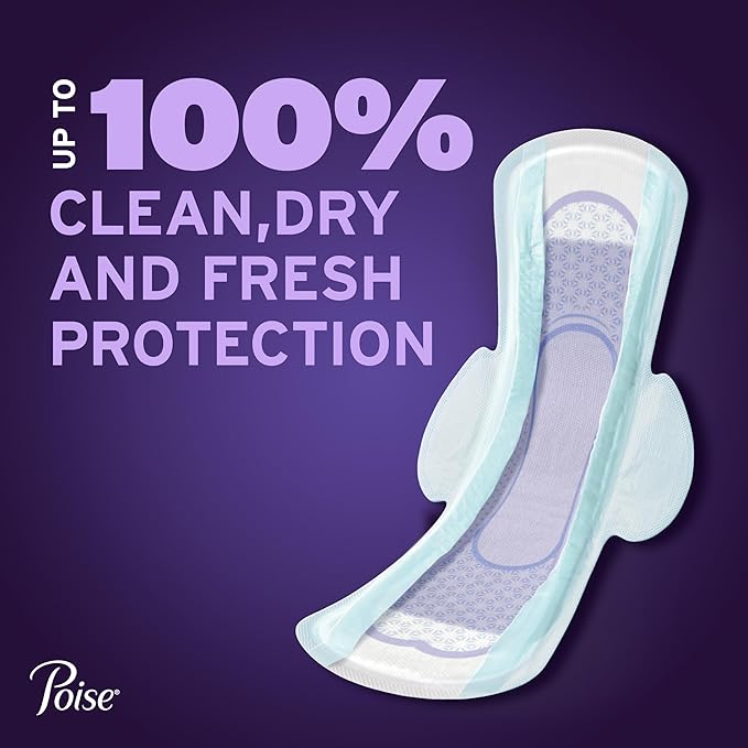 Poise Overnight Ultra Thin Incontinence & Postpartum Pads with Wings for Bladder Leaks, 8 Drop Extra Absorbent, Long Length, 20 Count