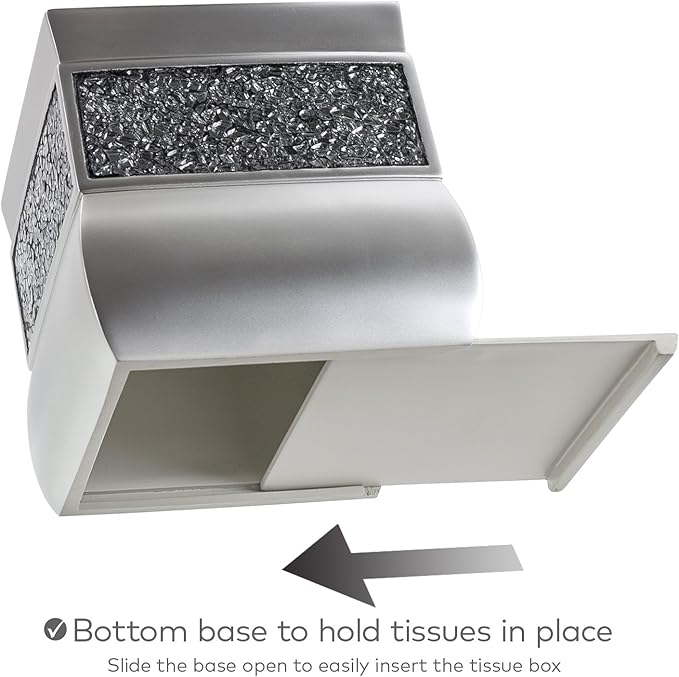 Crackled Glass Silver Tissue Box Cover Square - Decorative Tissue Box Holder - Tissue Holder Vessel for Bathroom with Durable Bottom Slider, Elegant Home or Bathroom Decor