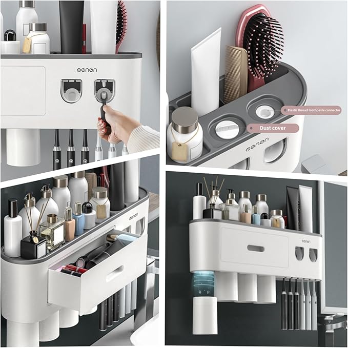 No-Drill Wall Mounted Toothbrush Holder, Bathroom Shelf, with Automatic Toothpaste Dispensers 6 Brush Hooks Magnetic Cups 1 Cosmetic Drawer Organizer and Large Storage (2 Dispensers 2 Cups)