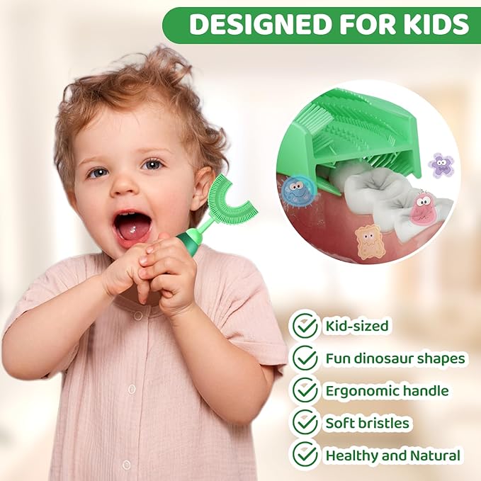 U-Shaped Toothbrush for Kids Ages 2-7， Soft Food-Grade Silicone for Sensitive Gums， 360° Teeth Cleaning Design，Training & Travel-Friendly Toddlers' Toothbrush (Green)