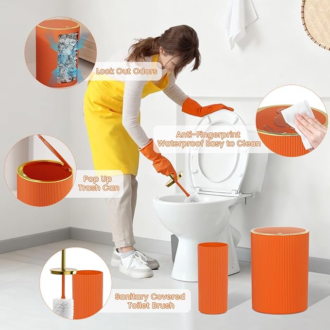 Orange Bathroom Accessories Set - Bathroom Sets, 25PC Bath Accessory Set, Bathroom Sets with Push Top Trash Can, Shower Curtain and Rugs, Toilet Brush, Trash Can & Soap Dispenser