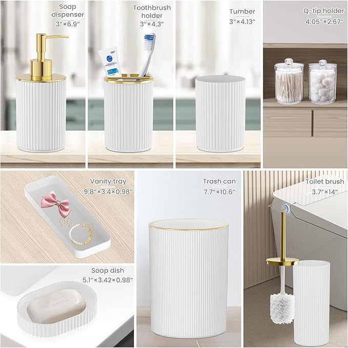 White and Gold Bathroom Accessories Set, 10PC Bathroom Set, Bath Accessory with Pop Up Trash Can, Soap Dispenser, Toilet Brush, Toothbrush Set Qtip Holders & Tray