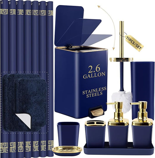 Bathroom Sets with Shower Curtain and Rugs Bathroom Accessories Set Navy Blue Bathroom Set,Soap Dispenser & Toilet Brush Holder Set with Stainless Steel Trash Can