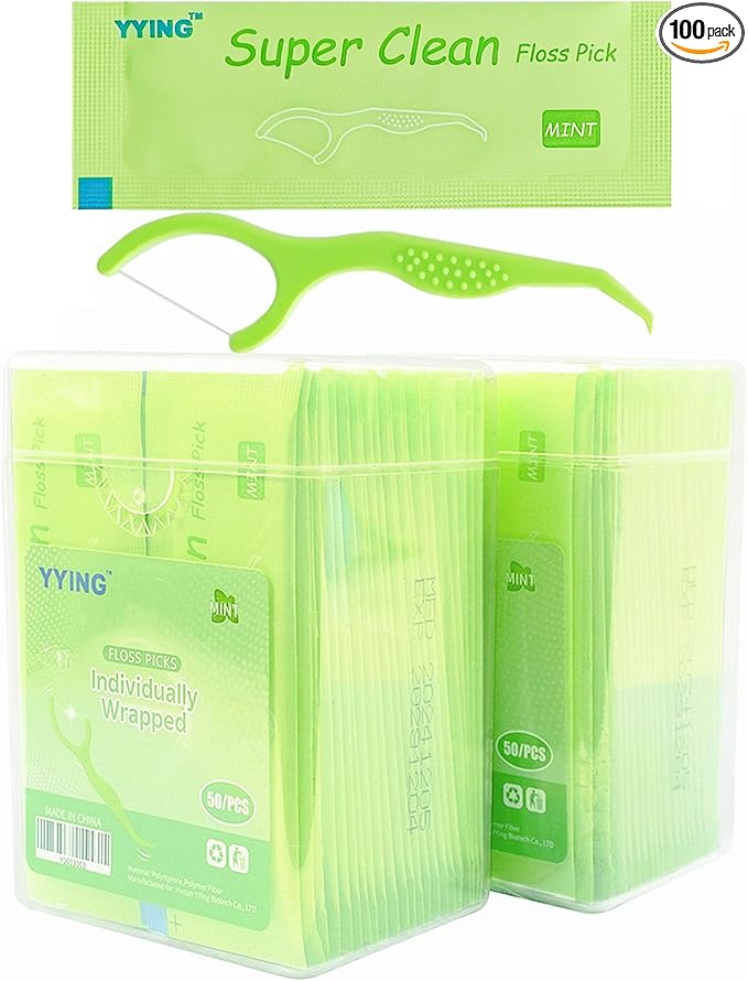 YYING Individually Wrapped Dental Floss Picks for Teeth 100 Ct Mint Flavored, Single Pack Dental Flossers Picks Green Travel Portable Case