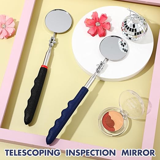 2 Pcs Telescoping Inspection Mirror,29 Inch Mechanics Mirror Tool with Long Handle, Round Extendable on a Stick for Technician Mechanics Contractor Checking(Black,Blue,50mm Round)