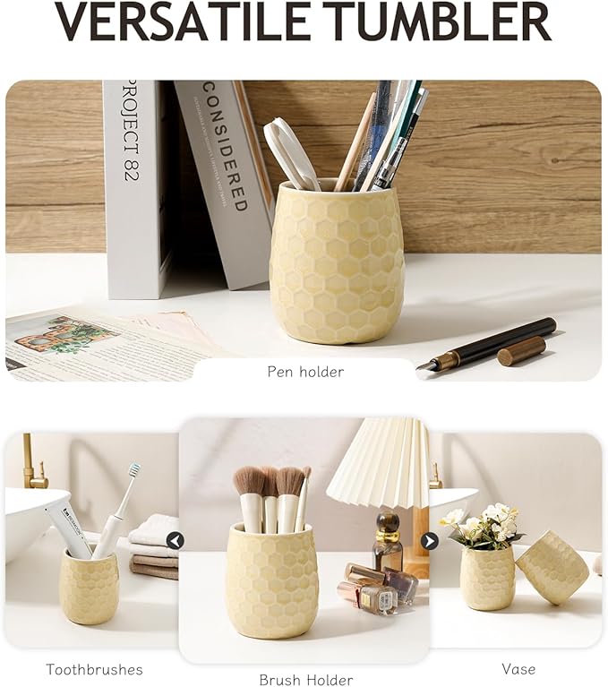 Toothbrush Holder, Tooth Brush Holder for Bathroom - Ceramic Toothbrush Cup Toothbrush Holders Countertop, Ice Cracks Yellow Makeup Brush Holder Pen Holder, 3.62" x 3.62" x 3.93", ANTIS'S HOME