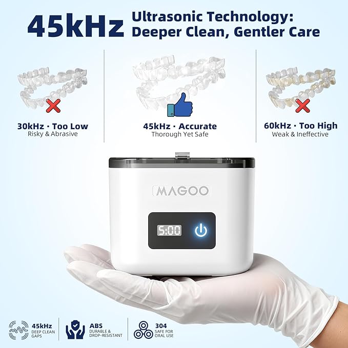 Ultrasonic Retainer Cleaner Machine, Denture Cleaner, All-in-One Dental & Jewelry Cleaner for Aligners, Night Guards, Dentures, Braces, Mouth Guards, Toothbrush Heads, 45kHz, 200ML, Dual Modes