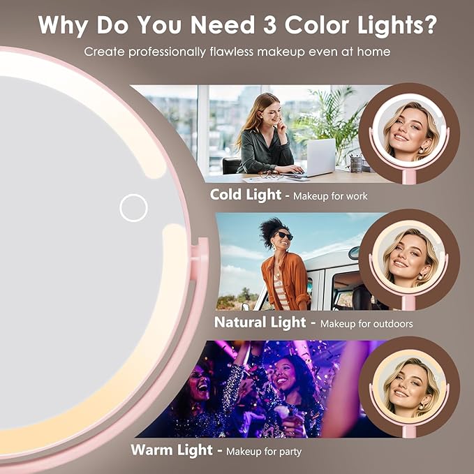 Makeup Mirror with Lights, Lighted Make Up LED Vanity Mirror for Travel, 1x/10X Magnifying Mirror, Rechargeable 3 Color & Adjustable Brightness, 360° Rotation Detachable (Pink)