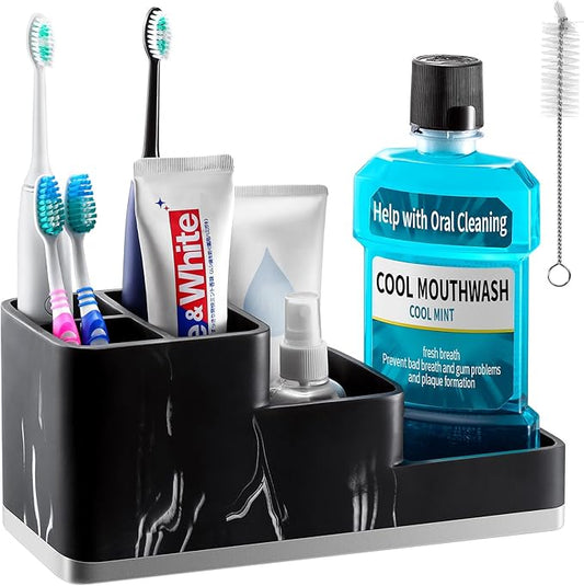 VITVITI Toothbrush Holder for Bathroom, Bathroom Organizer Countertop, 5 Compartment Bathroom Accessories Storage for Toothpaste/Vanity Counter, Black Resin of Marble Color