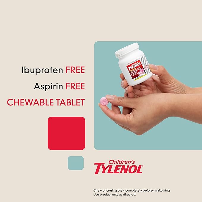 Children's Tylenol Chewables with 160 mg Acetaminophen, Pain Reliever & Fever Reducer for Kids' Cold + Flu Symptoms, Headache, Sore Throat & Toothache, Aspirin-Free, Bubble Gum, 24 ct
