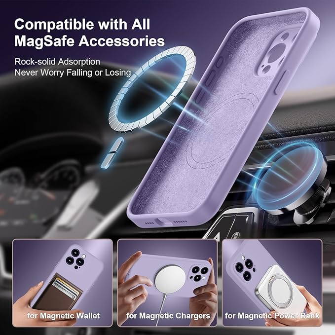 Magnetic for iPhone 15 Pro Case, Compatible with MagSafe, with 9H Nano Screen Protectors, Full Camera Protection, Silicone Shockproof Microfiber Lining Phone Case 6.1", Clove Purple
