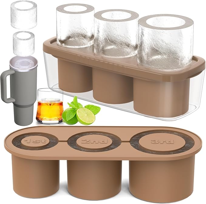 Ice Cube Tray for Tumbler Cup 30Oz-40Oz, 3 Pcs Silicone Cylinder Ice Mold with Lid and Bin for Freezer, Easy Fill and Release Ice Maker for Whiskey, Cocktail BPA-Free (Brown, 40Oz-Type1)