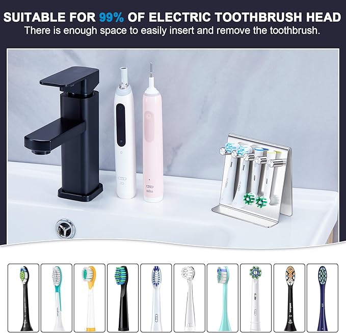 Electric Toothbrush Head Holder, Tabletop or Self Adhesive Tooth Brushing Holder, Bathroom Wall Mounted Shower Toothbrush Holders, Tooth Brush Head Storage Organiser (Silver, Large)
