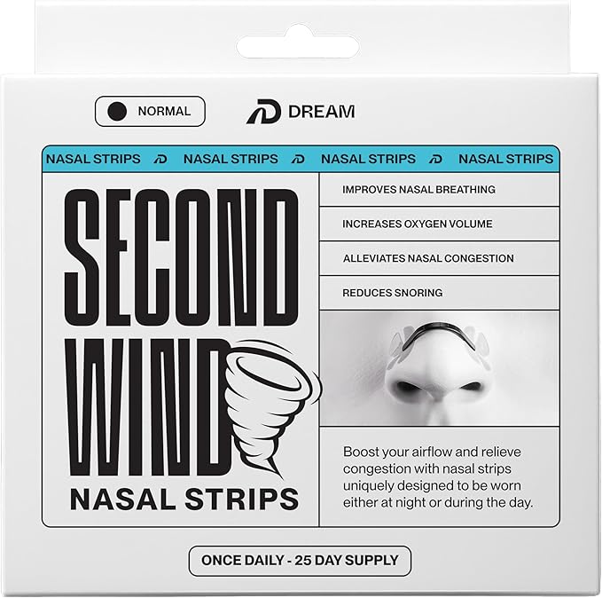Dream Recovery Second Wind Nasal Strips - Nose Strips for Breathing, Sleep and Athletic Performance - Snore Relief and Congestion Support - Black, Normal, 25 Count