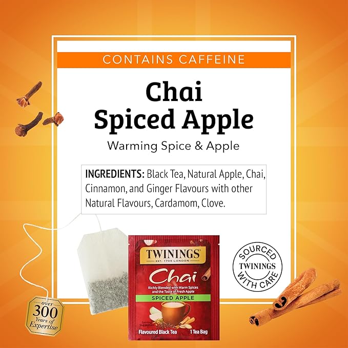 Twinings Spiced Apple Chai Black Tea Individually Wrapped Bags, 20 Count (Pack of 1), Sweet, Savoury Spices, Caffeinated, Enjoy Hot or Iced, 20 Teabags