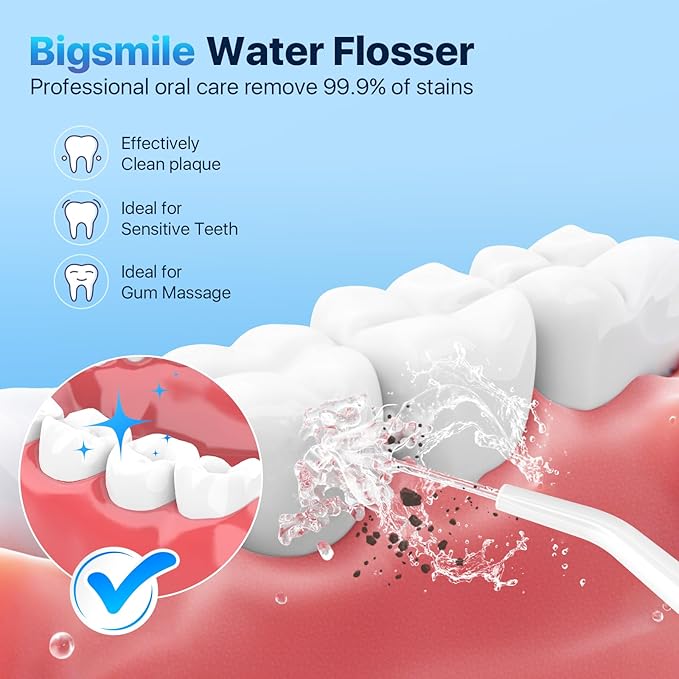 Bigsmile Water Dental Flosser, Portable Cordless, 200ML, Rechargeable, IPX7 Waterproof, Effectively Keep Mouth Clean and Healthy (White)