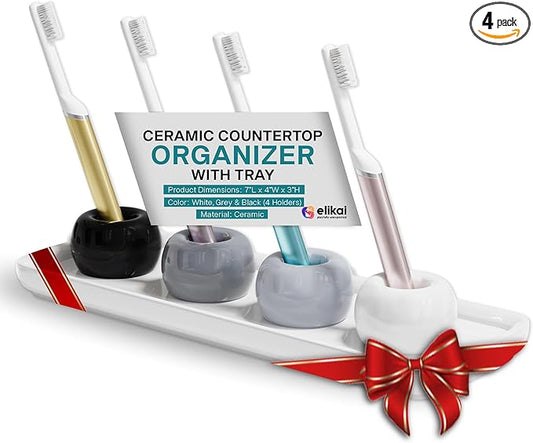 ELIKAI Ceramic Toothbrush Holder Set with Tray, Countertop Organizer for Bathroom, Storage Solution for Toothbrushes, Bathroom Accessories - Shades - 4 Pack