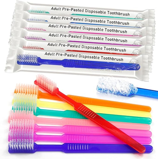 VASTMED 100 Pcs Disposable Pre-Pasted Toothbrushes Individually Wrapped Pre Pasted Toothbrush | Single Use Waterless Tooth Brush for Hotel, Camping, Homeless Gift | Multi Color