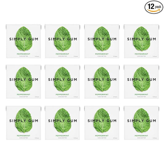 SIMPLY Gum Peppermint, Plastic-Free Natural Chewing Gum, 12 Pack (180 Pieces) | Vegan, Kosher, Non GMO, Aspartame Free and Sorbitol Free