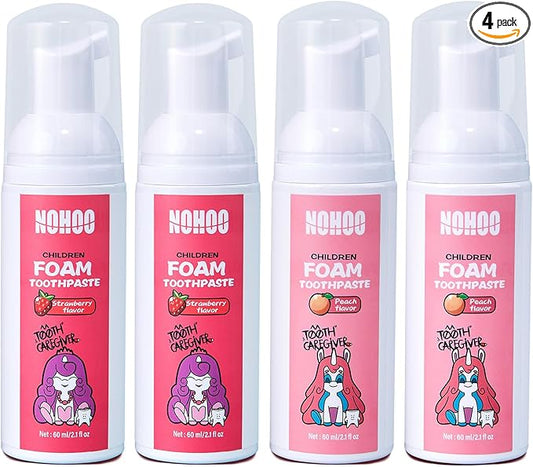 NOHOO Fluoride Free Foam Toothpaste Kids Fruit Flavour,Natural Training Toothpaste for Baby Toddler Children Oral Cleaning and Cavity Protection (2 Strawberry + 2 Peach)