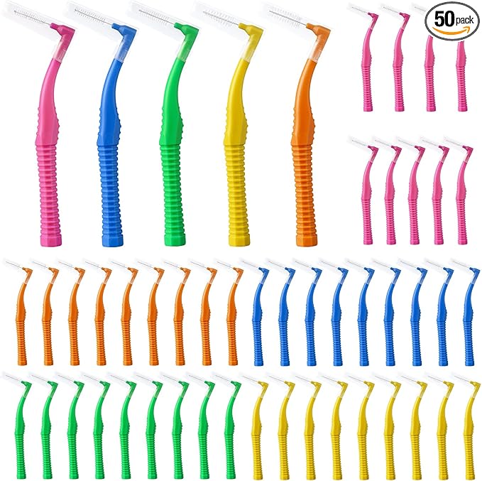 50 Count L Shaped Interdental Brushes, 5 Colors Braces Flossers, Gentle Toothpick Brush for Braces, Tight Spaces, Family Oral Care