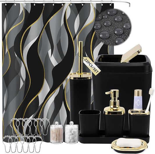 Black Bathroom Set, Bathroom Sets with Stripe Shower Curtain, Black and Gold Bathroom Accessories with Trash Can, Soap Dispenser, Soap Dish, Toilet Brush Holder, Qtip Holders for Bathroom