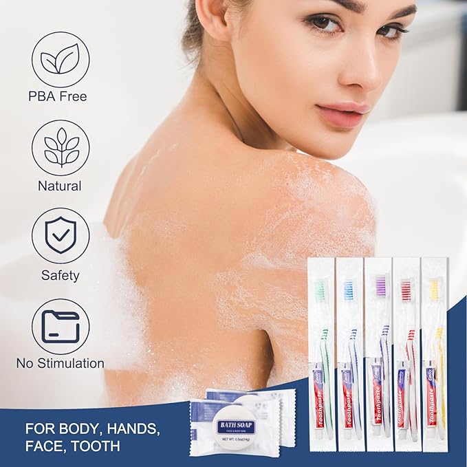 25 Set Disposable Toothbrushes with Toothpaste and Soap Individually Wrapped, 25 pcs Toothbrushes, 5 Colors with 25 pcs Bar Soap(0.5 oz)