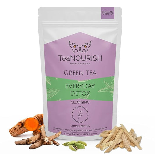 TeaNOURISH Everyday Detox Green Tea | Darjeeling Loose Leaf | 100% Natural Turmeric, Ashwagandha, Cardamom, Shatavari, Stevia | 50 Cups Hot Tea or Iced Tea - 3.53oz/100g