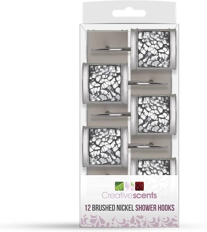 Crackled Glass Silver Shower Curtain Hooks Decorative - Set of 12 Shower Curtain Rings for Bathroom Shower Rod - Elegant Crackled Glass Shower Curtain Hooks