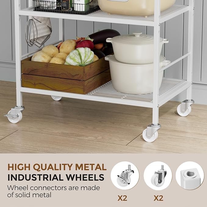 XIVIRACK 3-Tier Metal Storage Rack with Industrial Wheels,Mesh Shelving Unit with Wooden Table top,Adjustable Shelf,23.6-Inch Width,15.8-Inch Depth, for Kitchen, Laundry,Pantry,Plant,white