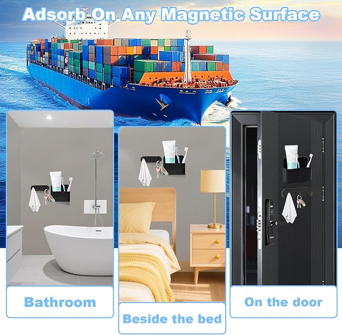 Magnetic Wall-Mounted Toothbrush Holder with Magnetic Hooks for Cruise ，Cruise Ship Essentials 2025- No Drilling Needed for Royal Caribbean & Alaska Cruise Ships, Caribbean Royal Must-Haves(Black)