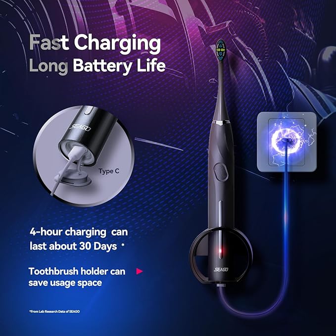 SEAGO Electric Toothbrush with 8 Soft Bristle Heads for Adults, Pressure Sensor, 5 Modes with 2 Minutes Build in Smart Timer, Rechargeable Travel Toothbrush with Brush Hold and Travel Case(2752Black)