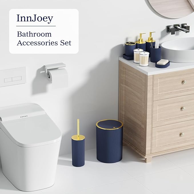 Navy Blue Bathroom Accessories Set, 10PC Bathroom Set, Bath Accessory with Pop Up Trash Can, Soap Dispenser, Toilet Brush, Toothbrush Set Qtip Holders & Tray