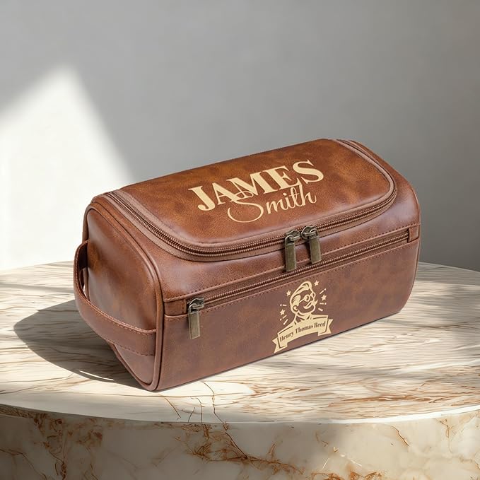 HDSD Personalized Toiletry Bag for Men,Engraved Name/Logo for Husband, Boyfriend, Dad, Wedding, Anniversary, Gift (Yellowish Brown)