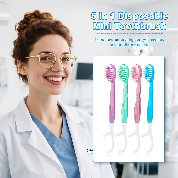 5 in 1 Mini Toothbrushes with Toothpaste, 26Pcs Toothbrush & Floss, All in one Oral Care on The go, 5 in 1 mini Brush, Toothpaste and Floss, Disposable Travel Toothbrush, 1 Set