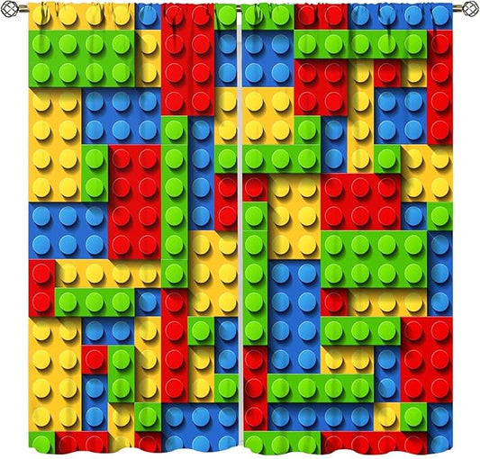 Kids Building Blocks Toy Curtains for Kids Room W63 x L63 Inch Rod Pocket Contour Plastic Colorful Toy Bricks Geometric Print Pattern Curtains for Boys Girls Bedroom 2 Panels