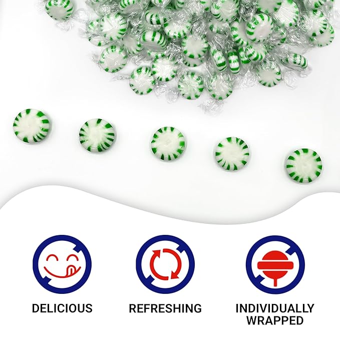 Starlight Spearmint Candy - 2 Pound Bulk (Approx 170 Pieces) Individually Wrapped Mints - Refreshing Green & White Spearmint Hard Candy Discs - Holiday Candy Spearmints