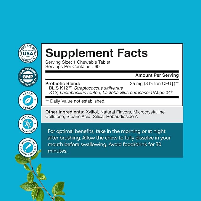 Oral Probiotics for Teeth and Gums - Minty Fresh BLIS K12 Oral Probiotics for Mouth Bad Breath Dry Mouth and Dental Health Support with 3 Billion CFU - Chewable Xylitol Lozenges Mint Flavor (2 Pack)