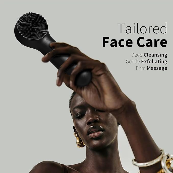 NågraCoola CLIE Silicone Face Scrubber, Facial Cleansing Brush, Rechargeable, Waterproof Face Scrub Brush for Deep Cleansing, Exfoliating, Massage, with Eye Roller, for Women and Men-Black